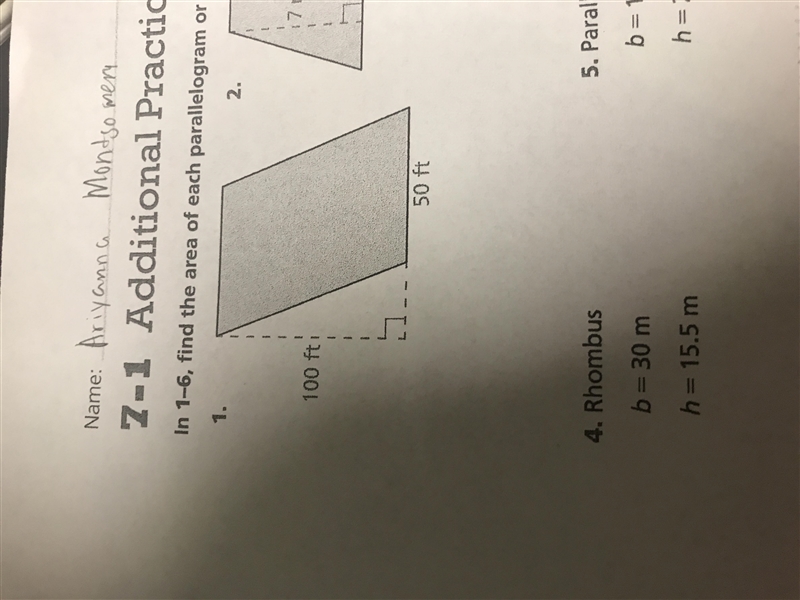 In 1-6, find the area of each parallelog 2. 100 ft 50 ft-example-1