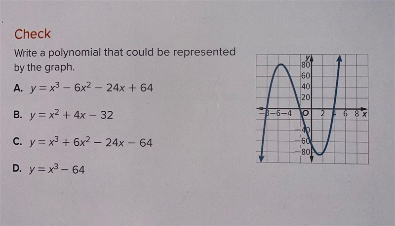 Write a polynomial that could be represented by the graph. (Which one is correct and-example-1