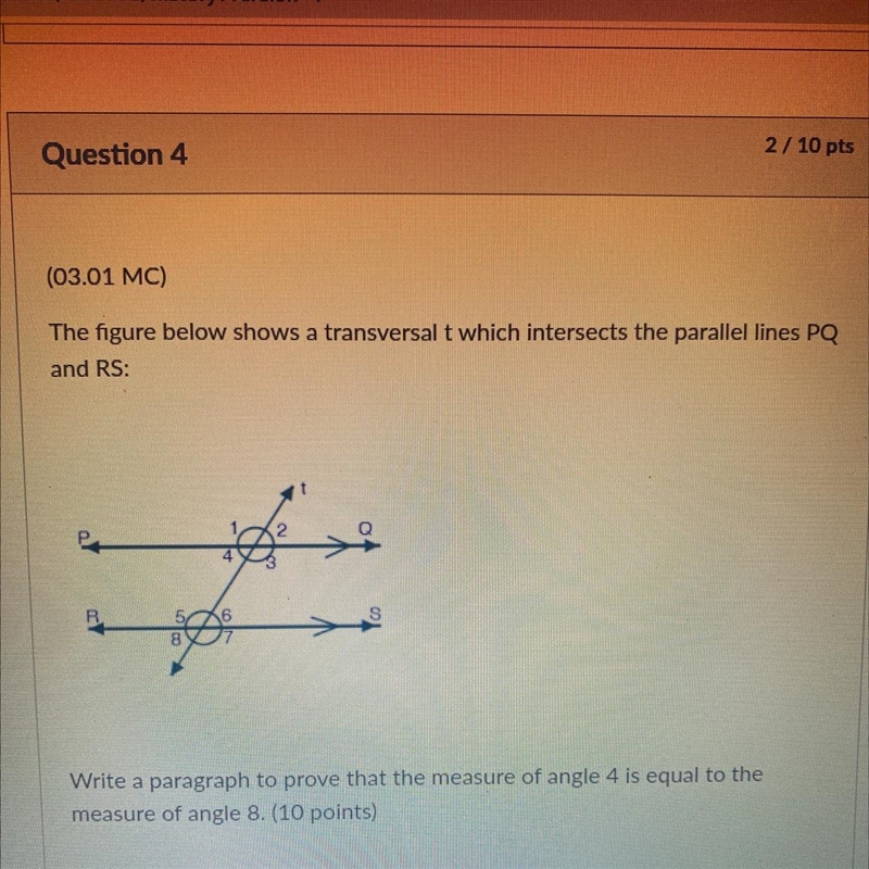 Write a paragraph To prove that the measure of angle four is equal to the measure-example-1