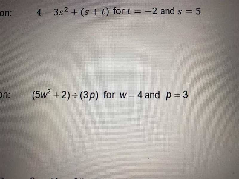 Evaluate the expression:(5W ^2+ 2) divide sign(3p) for w= 4 and p = 3-example-1