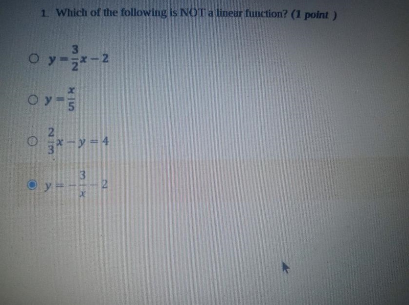 1. Which of the following is NOT a linear function? (1 point ) 3 Oy=2* =2- Oy 2 3* - y-example-1