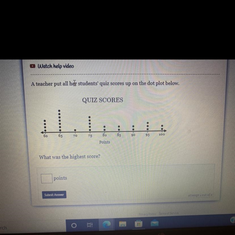 A teacher put all her students' quiz scores up on the dot plot below.-example-1