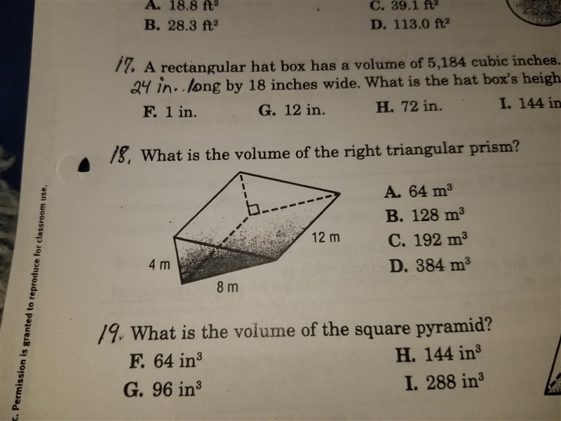 What is the volume of a right triangular prism if the measures are 4, 8, 12-example-1