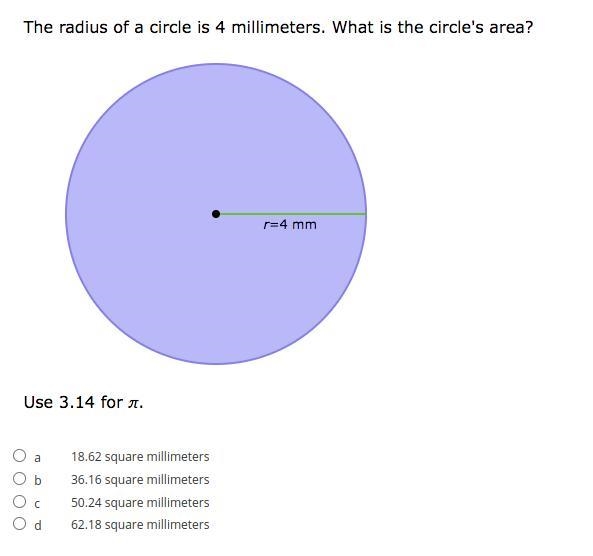 The radius of a circle is 4 millimeters. What is the circle's area? Use 3.14 for pi-example-1