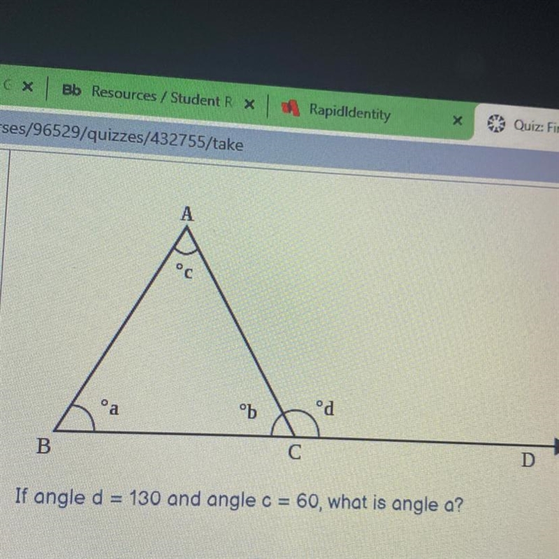 If angle d=130 and angle c=60, what is angle a?-example-1