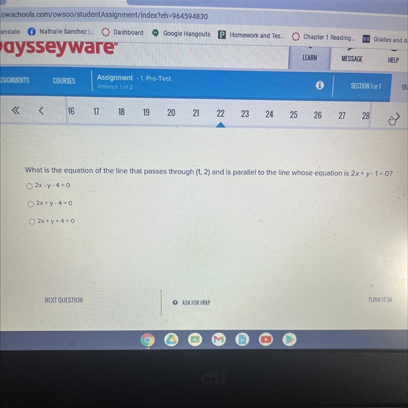 What is the equation of the line that passes through (1,2) and is parallel to the-example-1