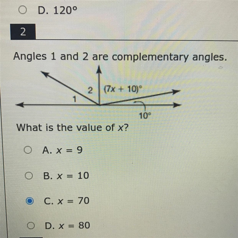 Angles 1 and 2 are complementary angles. What is the value of X?￼-example-1