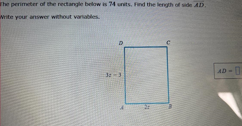 The perimeter of the rectangle below is 74 units. Find the length of side AD.Write-example-1