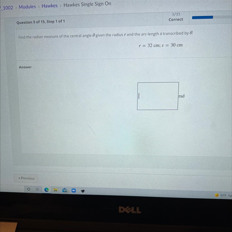 Find the radian measure of the central angle Ogiven the radius r and the arc-length-example-1