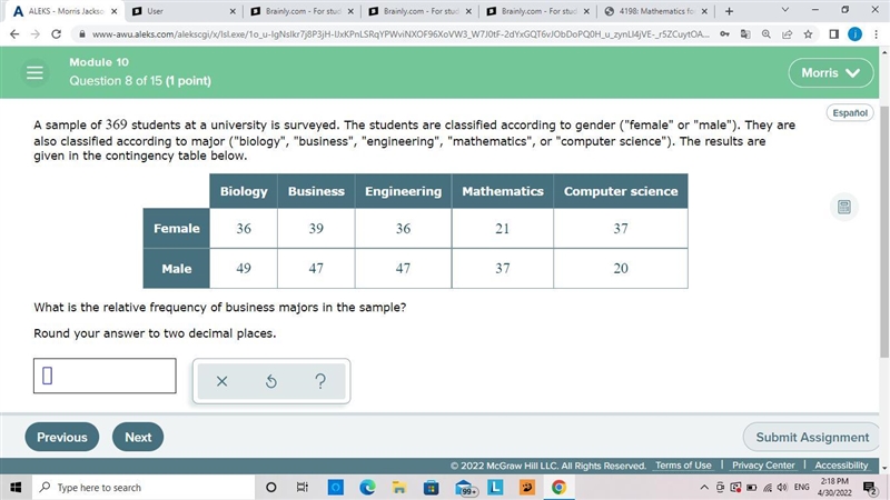 A sample of 369 students at a university is surveyed. The students are classified-example-1