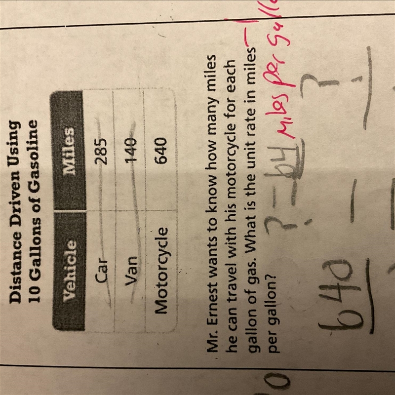 Distance driven using 10 gallons of gasoline. Motorcycle 640. Mr Ernest wants to know-example-1