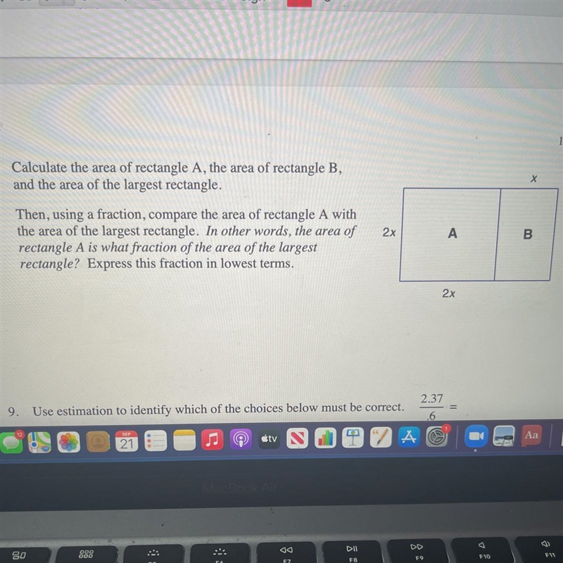 8. Calculate the area of rectangle A, the area of rectangle B,and the area of the-example-1