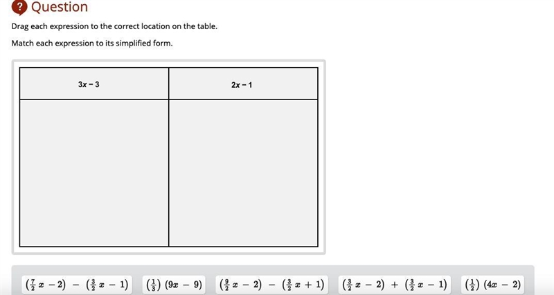 Drag each expression to the correct location on the table. Match each expression to-example-1