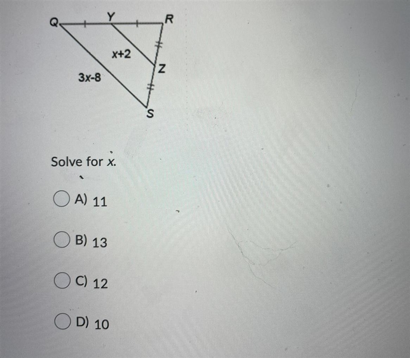 Solve for x.Question options:A) 11 B) 13 C) 12 D) 10-example-1