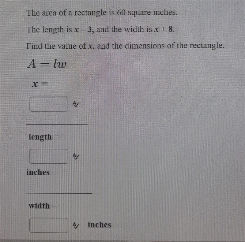 The area of a triangle is 60 square inches. The length is x-3, and the width is x-example-1