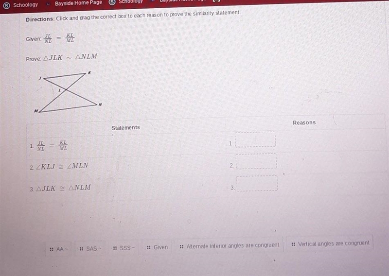 the answer choices are AA, SAS, SSS, Given, Alternative interior angles are congruent-example-1