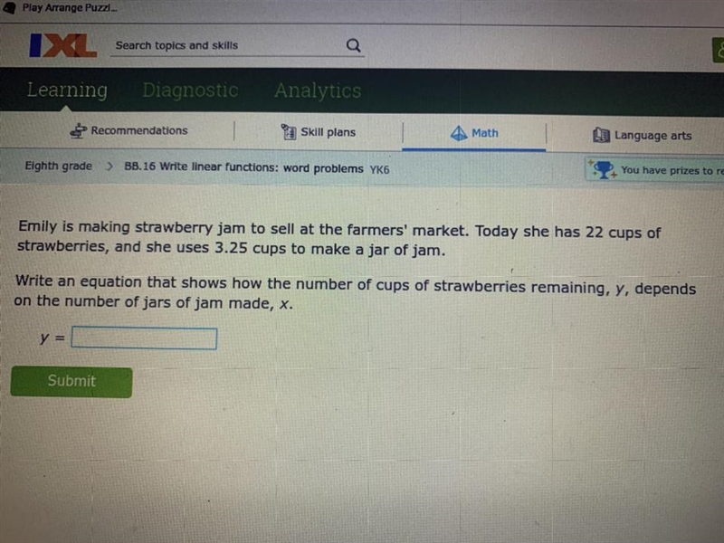 Write an equation that shows how the number of cups of strawberries remaining, y, depends-example-1