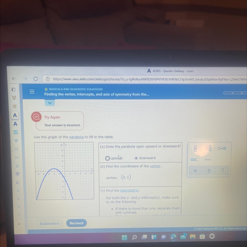 Use the graph of the parabola to fill in the table Also find the equation of the axis-example-1