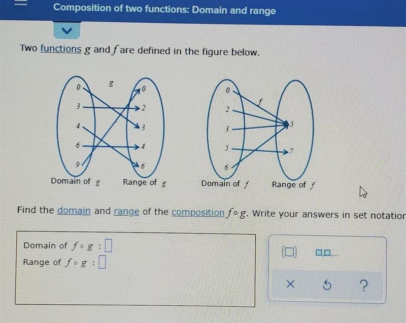 Two functions g and f are defined in the figure below. Find the Domain and Range of-example-1