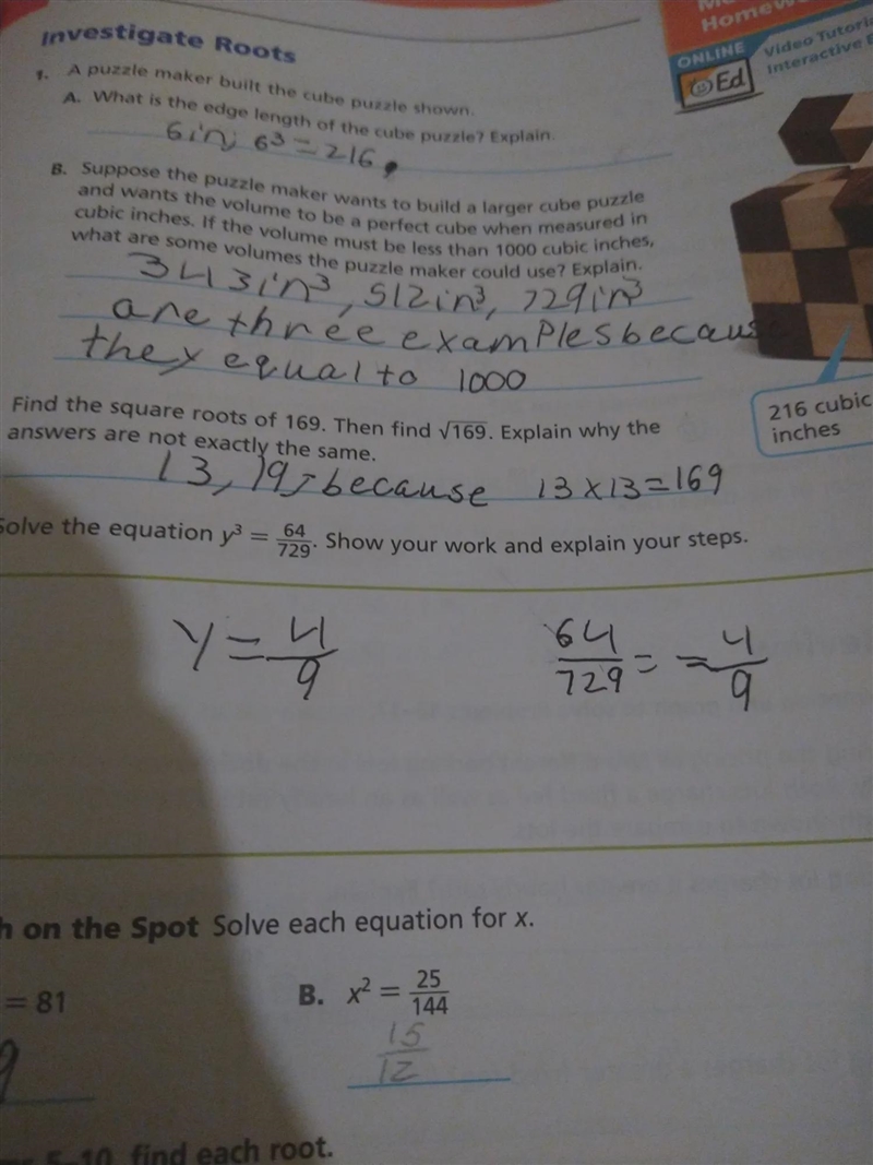 Solve equation Y to the third power equals 64 / 729 show your work and explain your-example-1