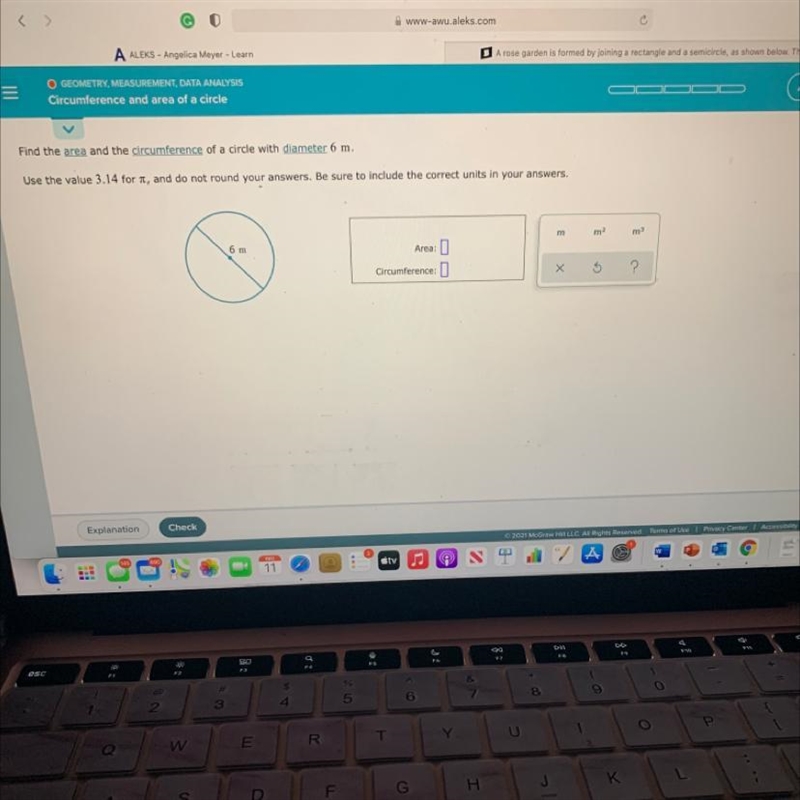 The area and circumference of a circle with the diameter 6M-example-1