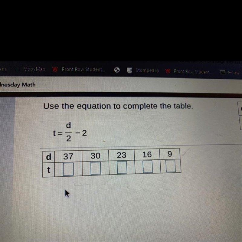 Use the equation to complete the table.dt= = -22373023169d tt-example-1