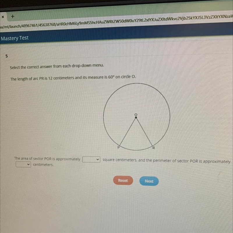 The length of arc PR is 12 centimeters and its measure is 60° on circle O.Section-example-1