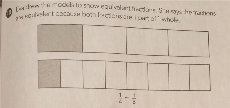 Eva drew the models to show equivalent fractions. She says the fractions are equivalent-example-1