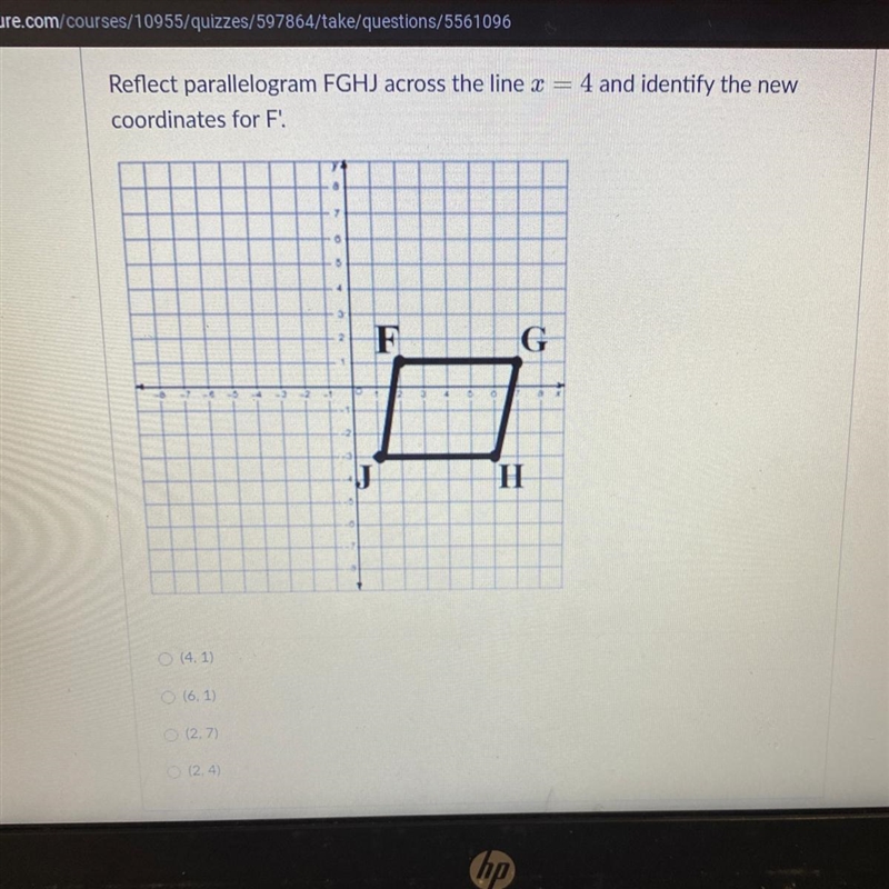 Reflect parallelogram FGHJ across the line x = 4 and identify the newcoordinates for-example-1