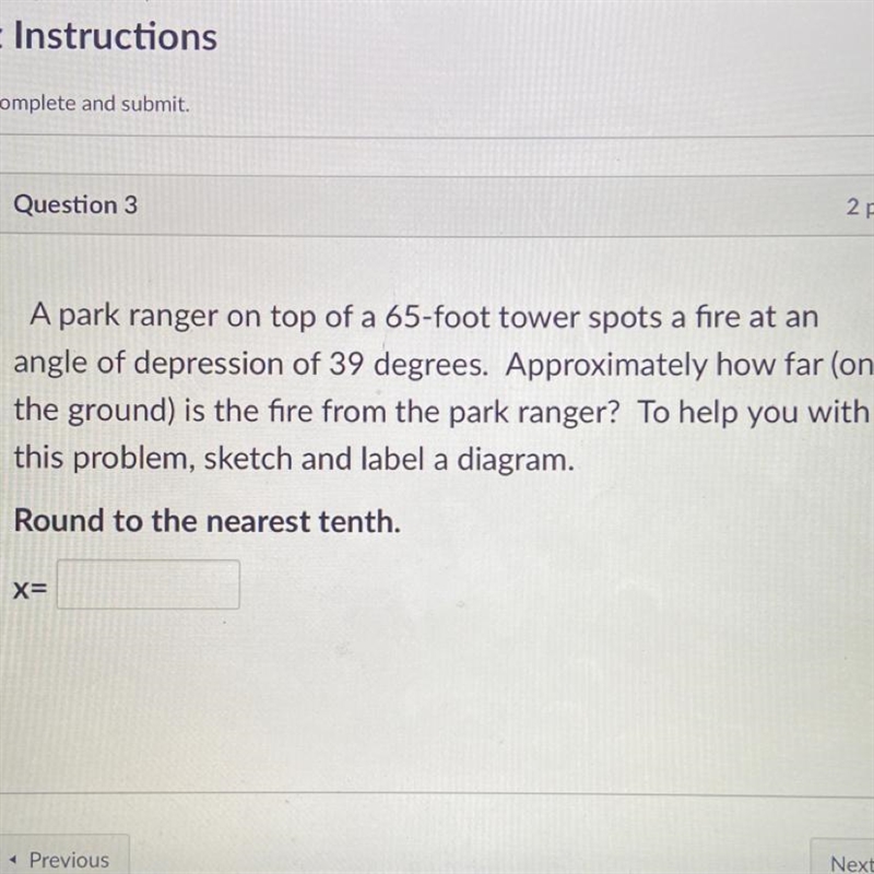 Question 32 ptsA park ranger on top of a 65-foot tower spots a fire at anangle of-example-1