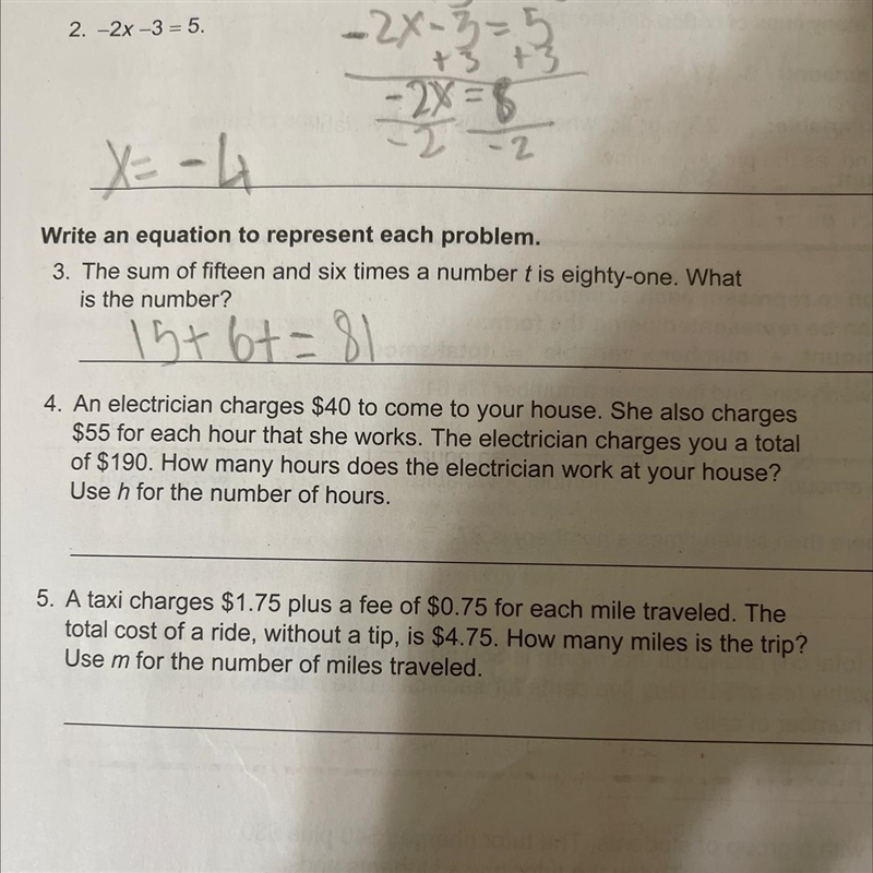 An electrician charges $40 to come to your house. She also charges $55 for each hour-example-1