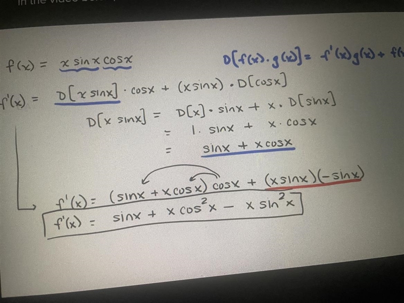 In the U f(x) = f'(x) = xsinx COSX oxsinx - cosx + (xsinx) - D[cosx) + D[x sinx] = J-example-1