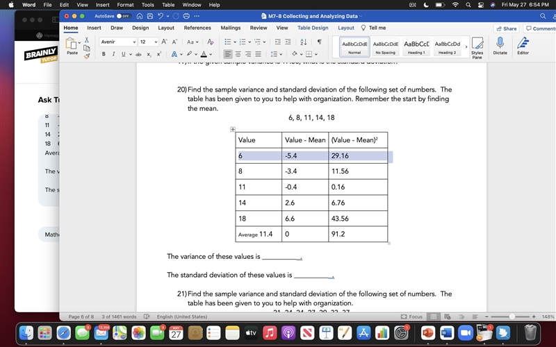 20)Find the sample variance and standard deviation of the following set of numbers-example-1