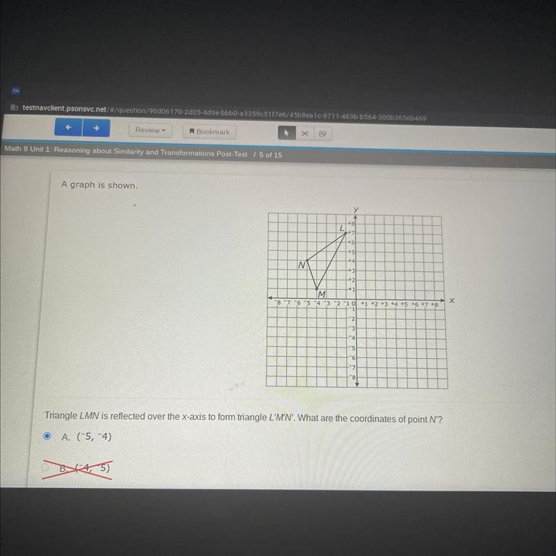 Triangle LMN is reflected over the x-axis to form triangle L'M'N'. What are the coordinates-example-1