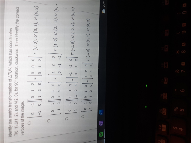 Identify the matrix transformation of TUV, which has the coordinates T(0,1) U(1,2) V-example-1