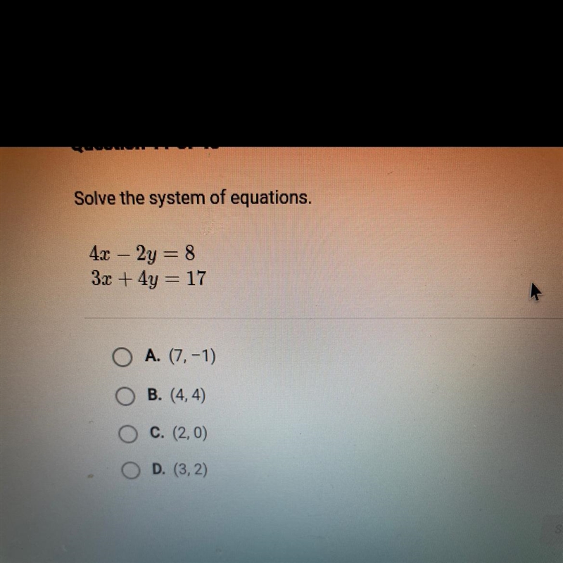 Solve the system of equations,4.x - 2y = 83x + 4y = 17-example-1