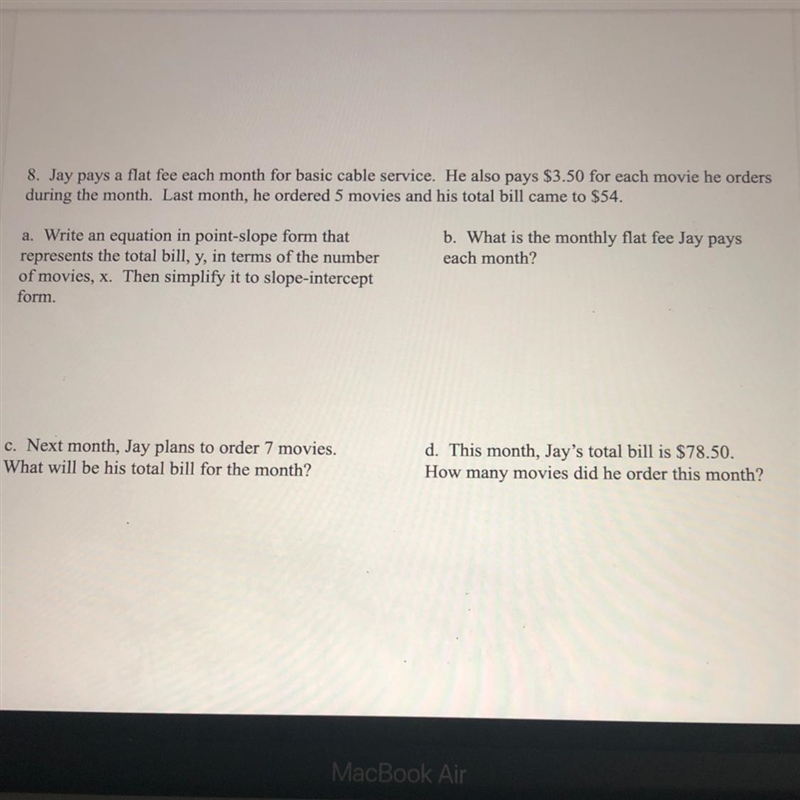 8. Jay pays a flat fee each month for basic cable service. He also pays $ 3.50 for-example-1