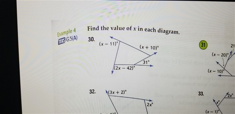 Find the value of x in each diagram. 30. (x - 11) (x + 10) 31° (2x - 42)-example-1