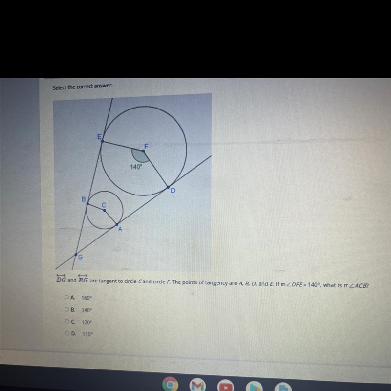 DG and EG are tangent to circle C and circle F. The points of tangency are A, B, D-example-1