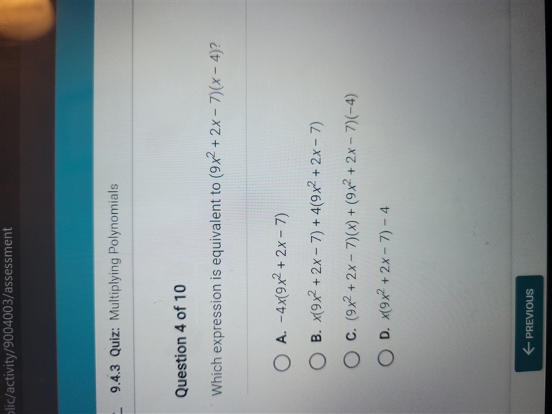 What expression is equivalent to (9x^2 + 2x -7)(x - 4)-example-1