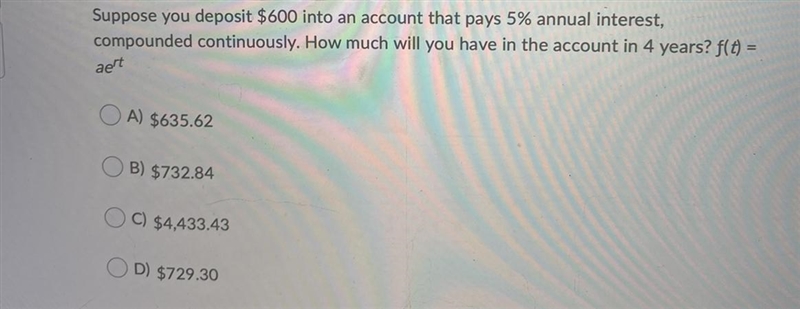 Suppose you deposit $600 into an account that pays 5% annual interest, compounded-example-1