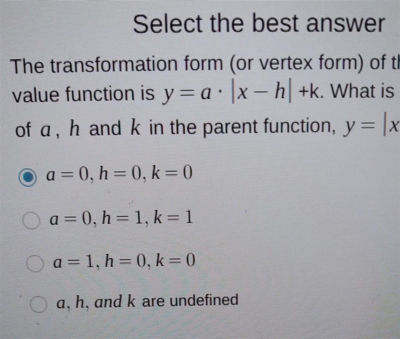 the transformation form (vertex form) of the absolute value function is y=a×[x-h] +k-example-1