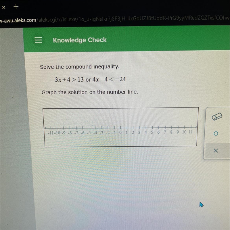 Solve the compound inequality3x+4 > 13 or 4x4 <--24Graph the solution on the-example-1