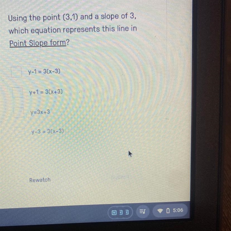 Using the point (3,1) and a slope of 3, which equation represents this line in Point-example-1