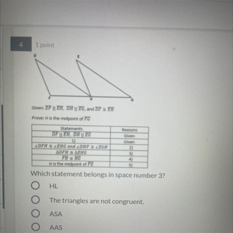 HGiven: DF || EH, DH || EG, and DF EHProve: H is the midpoint of FGStatementsDF || EH-example-1