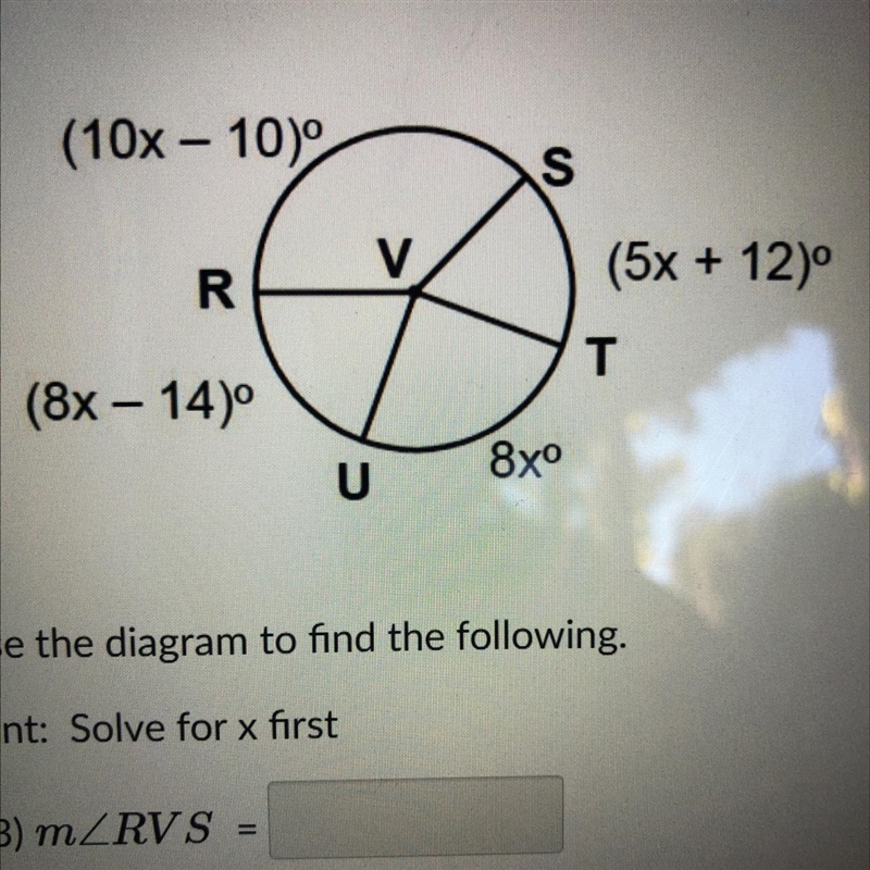 Use diagram to find the following 1. m angle RVS = 2. M angle TVU =-example-1