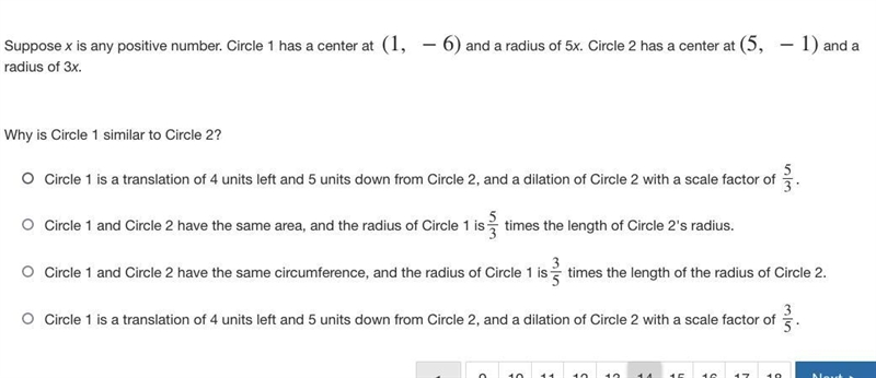 Suppose x is any positive number. Circle 1 has a center at (1, −6) and a radius of-example-1