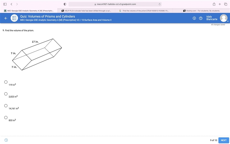 HELP Find the volume of the prism. 119 in3 2,023 in3 14,161 in3 833 in3-example-1