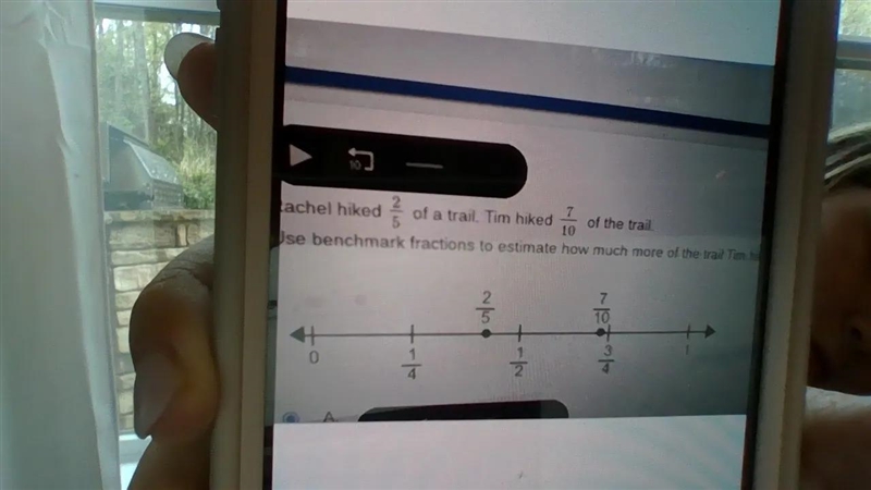 Rachel hiked 2/5of a trail. Tim hiked 7/10 of the trail.Use benchmark fractions to-example-1