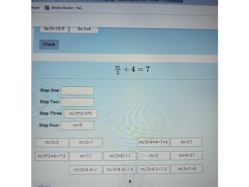 Can you show me the format to get the answer to m/3 +4=7-example-1